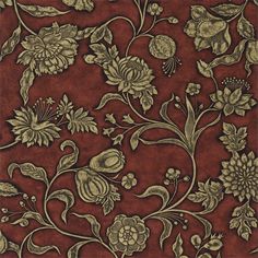 a red and gold wallpaper with floral designs on the side, along with leaves and flowers