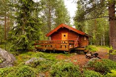 a small cabin in the woods surrounded by trees