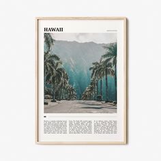 a black and white photo with the words hawaii in front of palm trees on a mountain range