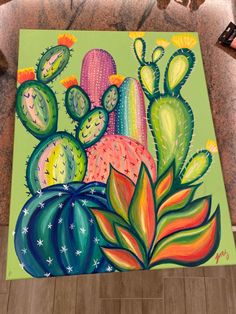 a painting of cactuses and cacti on a green background