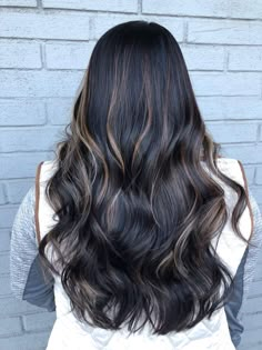 Long Black Hair With Layers Balayage, Black Bolyoge Hair, Dimensional Black Hair Highlights, Jet Black Hair With Caramel Highlights, Jet Black Balayage Hair, Dark Hair With Ribbon Highlights, Hilight Hair Colors For Black Hair, Balayage Hair Black Hair, Black Into Brown Ombre Hair