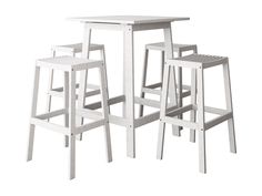 three white stools and a table on a white background with no one sitting at it