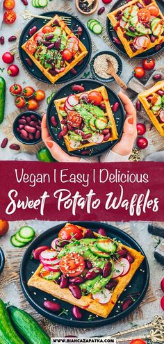 vegan and easy delicious sweet potato waffles with fresh veggies on the side