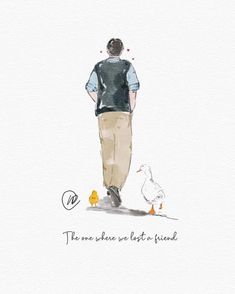 a watercolor painting of a man walking with ducks