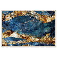 an abstract painting with gold and blue colors