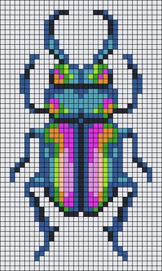 a cross stitch pattern with a colorful beetle on it's back legs and arms