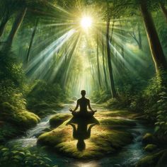 a painting of a person sitting in the middle of a forest with sunbeams