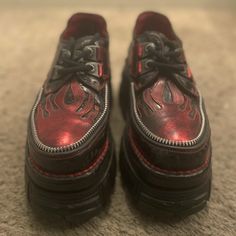 Perfect Condition, Barely Worn Size: 7.5 Men’s Size:9 Women’s Original Price:$250 Feel Free To Message To Negotiate A Price Or If You Have Any Questions Regarding This Item! New Rocks Shoes, Flame Shoes, New Rock Shoes, New Rocks, New Rock, Shoes Color, Shoes Women Heels, Black Red, Shoes Heels