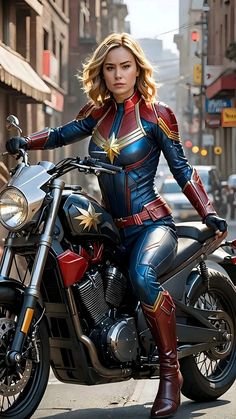 a woman dressed as captain america on a motorcycle