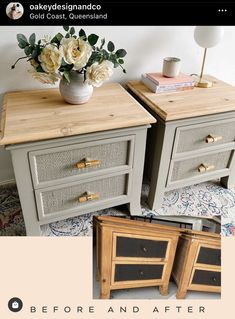 two nightstands with flowers on top and one is painted in light gray, the other has