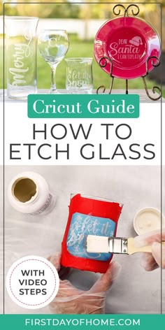 Learn how to use Cricut Design Space or a stencil to etch glass. Get tips on getting the best results and avoiding common mistakes. See how a plate, wine glass, vase and candleholder look after glass etching. Etch Glass With Cricut, Glass Etching Gifts