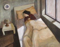 a painting of a woman laying in bed