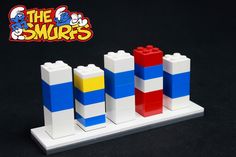 three legos are arranged in different colors and sizes on a black background with the smurfs logo above them