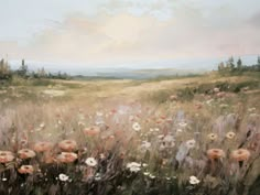 an oil painting of a field with wildflowers