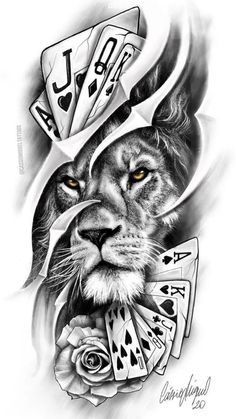 a lion with playing cards on his head is shown in this tattoo art design by person