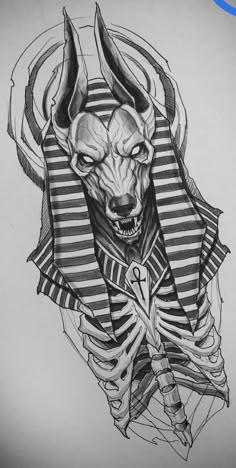 a drawing of an evil demon in a striped shirt with horns on it's head