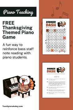 the piano teacher's thanksgiving themed game is shown in this poster, which includes an image of a turkey sitting at a piano