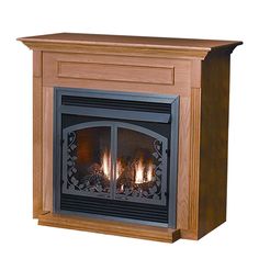 a wood burning fireplace with two lit logs in it's side and the top half open