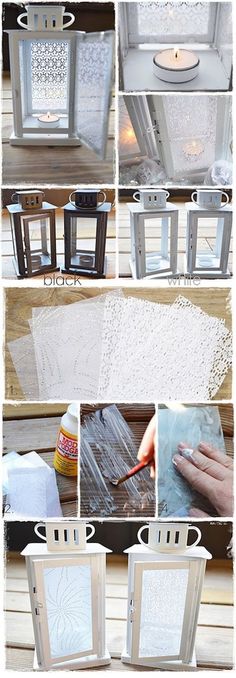 the steps to make a lantern with lace doily on it are shown in several different ways