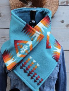 These cowls are made with authentic Pendleton wool or leather and sherpa or luxe fleece lining that is so soft & cozy. They are the perfect accessory for those crisp nights & the cold winter! They even keep your ears warm! Each is one of a kind & handmade, indigenously crafted in Oregon. Pendleton Wool Projects, Southwestern Christmas Ornaments, Southwestern Christmas, Sewing Crafts Ideas, Sewing Scarves, Western Items, Western Scarf, Wool Cowl, Fire Color