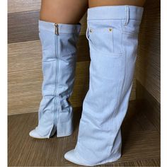 Limited Edition Denim Falkon Boots Memory Foam Padding No Restock Casual Denim High Heel Boots, Casual High Heel Denim Boots, Chic Blue Denim Boots, Denim Boots Diy, Thigh High Platform Boots, Boots Diy, Denim Slides, Tommy Hilfiger Boots, Wide Calf Riding Boots