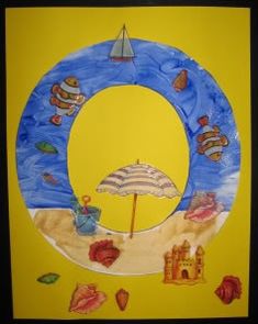 a child's drawing of a beach scene with an umbrella in the middle and seashells around it