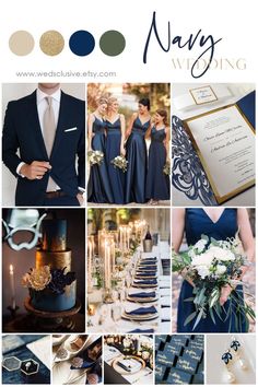 the wedding color scheme is navy and gold