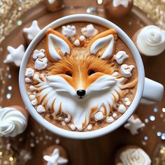 a cup of hot chocolate decorated with an image of a fox in the foamy cappuccino