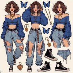 the paper doll is dressed up as a girl with blue clothes and butterfly necklaces