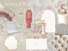 the mother of pearl - baby shower is shown in white and pink colors, including pearls