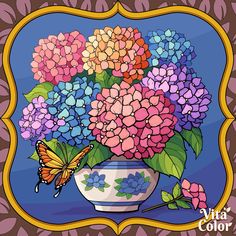 a vase filled with lots of colorful flowers on top of a blue and brown background