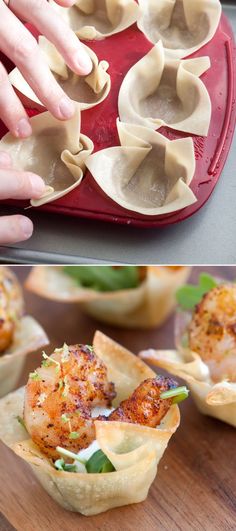 there are two pictures with different food items in them and one is filled with shrimp