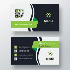 two sided business card with green and black accents on the front, side and back