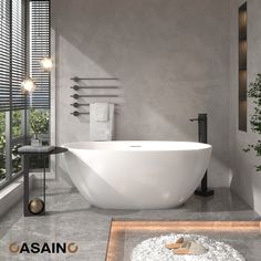 a large white bath tub sitting next to a window