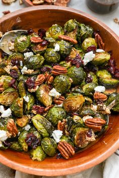 brussel sprouts with cranberries and pecans in a bowl