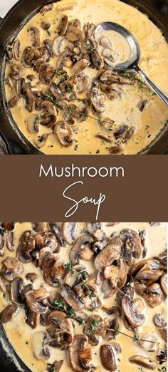 mushroom soup in a cast iron skillet with a spoon on the side and an image of