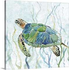 a painting of a sea turtle swimming in the ocean with blue and green watercolors