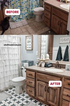 before and after photos of a bathroom remodel with wood cabinets, tile flooring, and shower curtain