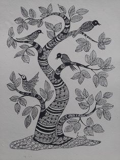 a drawing of two birds sitting on top of a tree with leaves in the branches