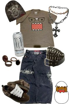 Domo Outfit, Ftm Outfits, Outfit Ideas Shirt, Y2k Outfits Men, Shirt Outfit Ideas, Shirt Design Ideas, Baggy Outfit Ideas, Silly Clothes, Quote T Shirt