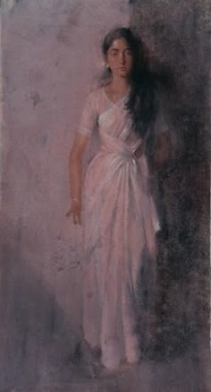 a painting of a woman in a white dress with long hair standing against a wall