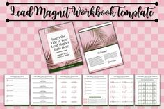 the book titled lead magnet workbook template is shown on a pink checkered background