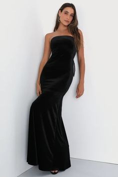 Black Dresses - Little Black Sexy Dresses at Lulus.com Black Velvet Bridesmaid Dresses, Black Velvet Long Dress, Velvet Dress Black, Bow Dresses, Luxe Dress, Velvet Dress Long, Cute Black Dress, Strapless Evening Dress, Backless Maxi Dress