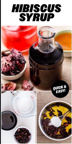 an advertisement for hibiscus syrup is shown in three different pictures, with the title above it