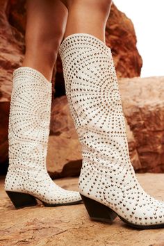 zachariah boot by billini - white studded circle pattern western boot Knee High Western Boots, Nude Boots, Cowgirl Look, Trendy Heels, Booties Outfit, Full Glam, Boho Boots, White Studs, Trendy Boots