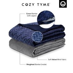 the cozy time blanket is folded up on top of each other and labeled with instructions