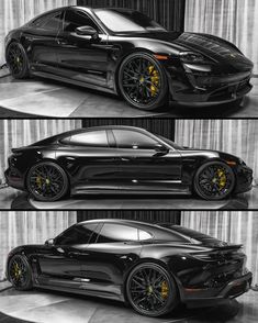 three different views of a black sports car with yellow wheels and rims on it