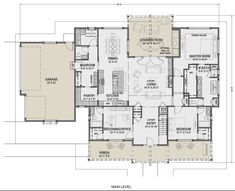 the first floor plan for a home with multiple rooms and two levels, including an office area