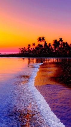 the sun is setting over an ocean with palm trees in the background and waves coming in to shore