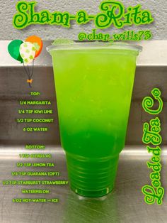 a green drink in a plastic cup with information about the beverage and ingredients on it